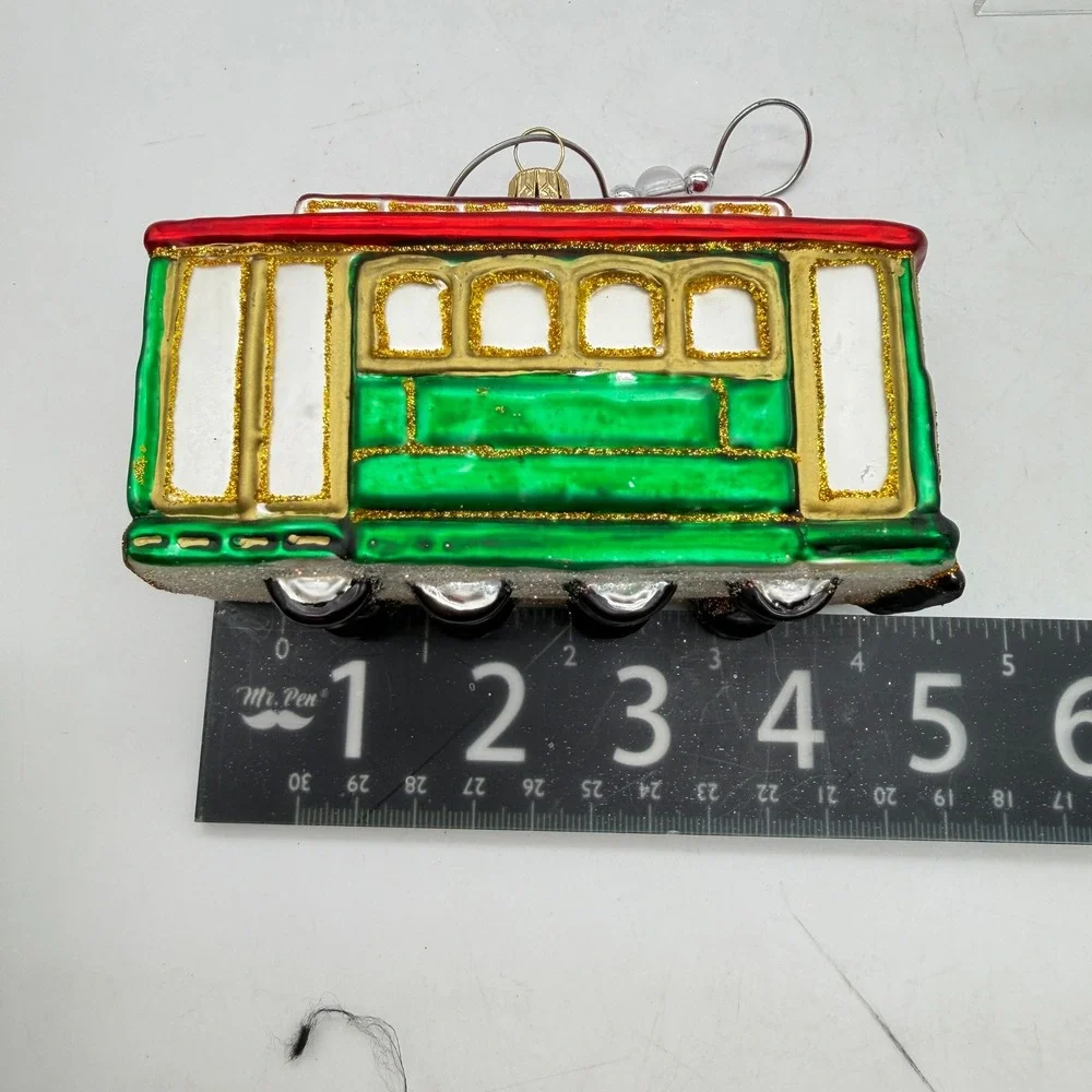 Glass Trolley Car Christmas tree Ornament Red Green Gold Glitter Train San Fran